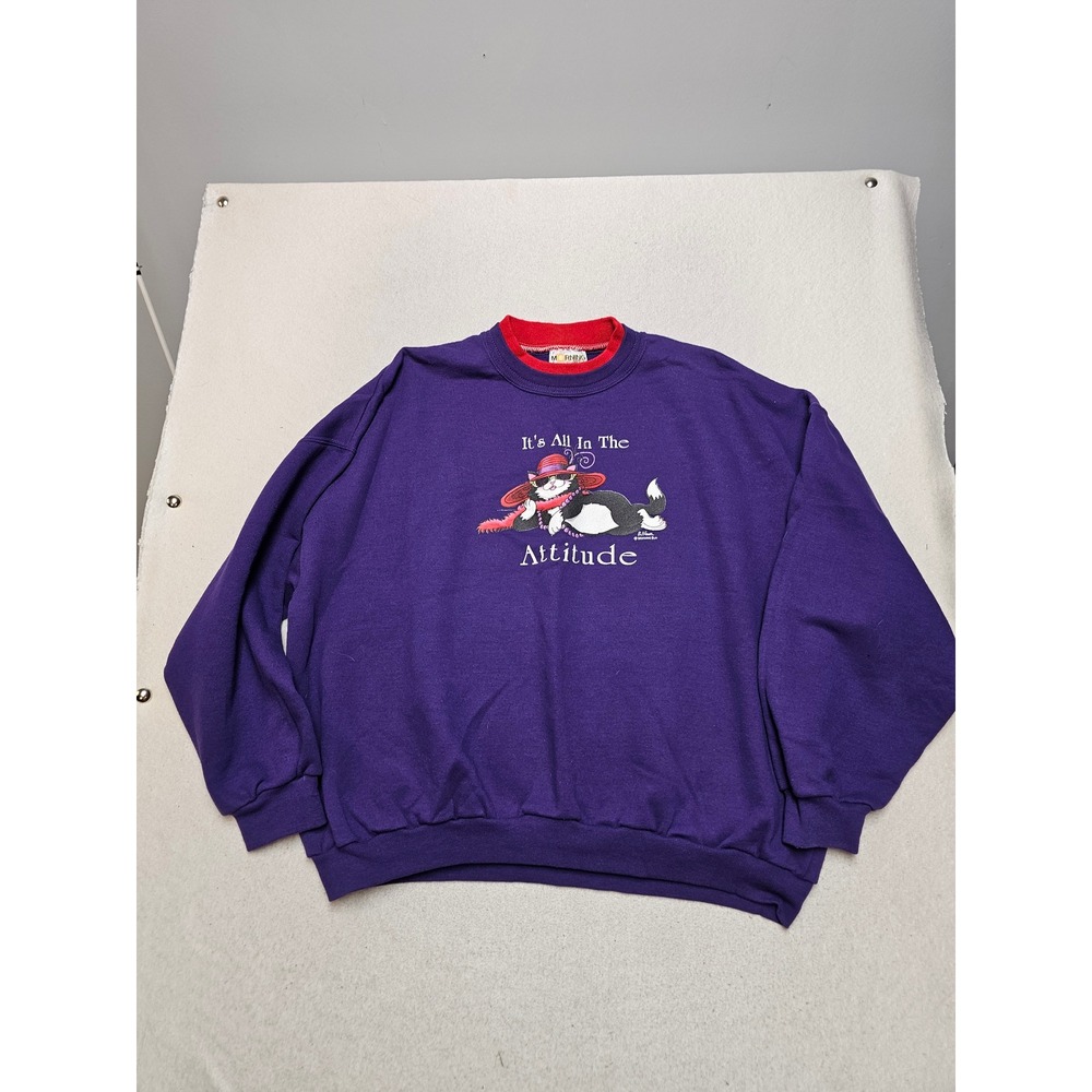 Vintage Morning Sun Cat Attitude Sweatshirt Purple Petite Medium BJ Hicks